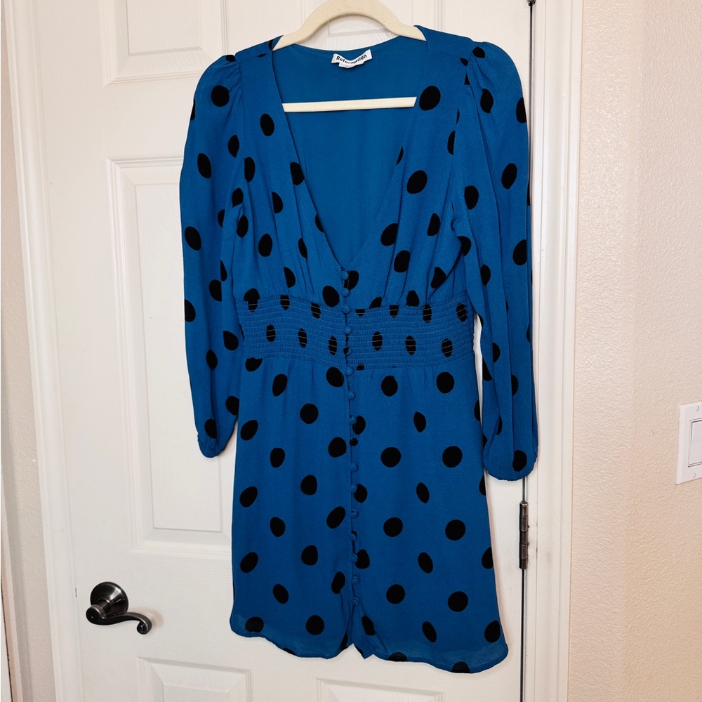 Reformation Blue Polka Dot Dress with ruched waist.